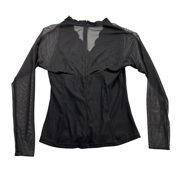 Vintage Beaded Blouse Black Sheer Long Sleeve Deep V-Neck Shirt Scallop Date - Picture 4 of 11